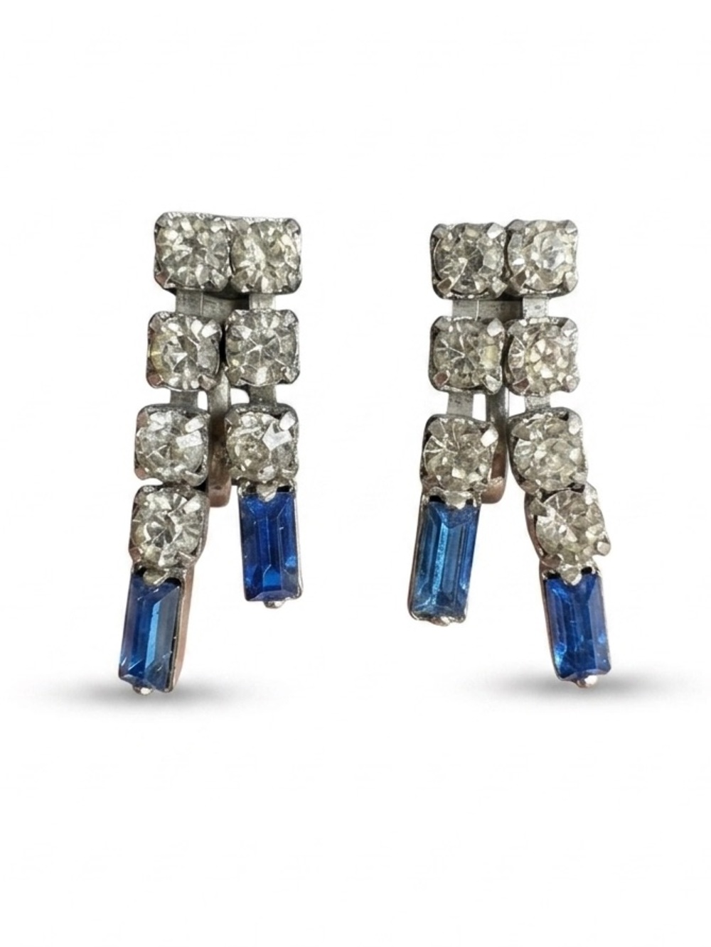 Vintage Rhinestone Earrings Dainty Blue Clear‎ Crystal Screw Back 1950s Cocktail